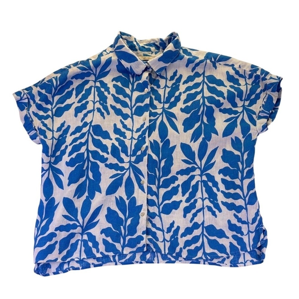 Rachel Zoe Womens XL Blue White Botanical Leaf Print 100% Linen Button Down Top